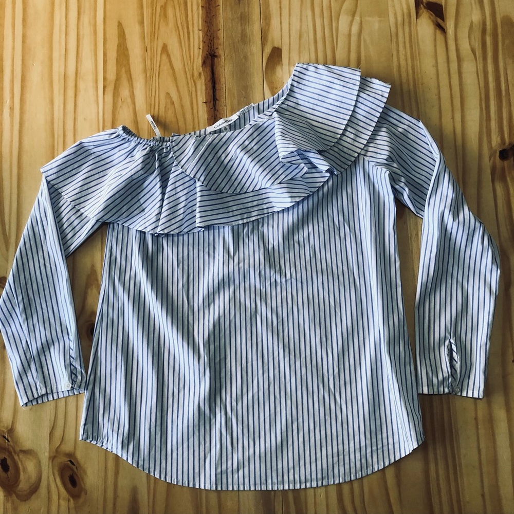 Calvin Klein Woman Swanky One-shoulder Ruffle Top Long Sleeves Blue/White Sz XS